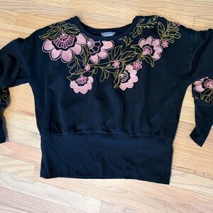 Anthropologie Black Sweatshirt with Pink & Olive Floral Embroidery